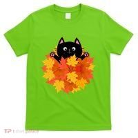 Cute Happy Black Cat Fall Autumn Leaves T-Shirt thumb 0