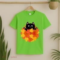 Cute Happy Black Cat Fall Autumn Leaves T-Shirt thumb 2