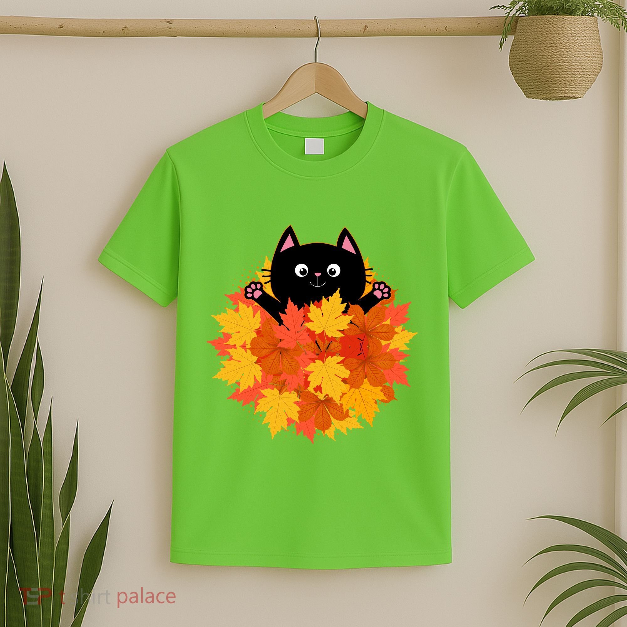 Cute Happy Black Cat Fall Autumn Leaves T-Shirt