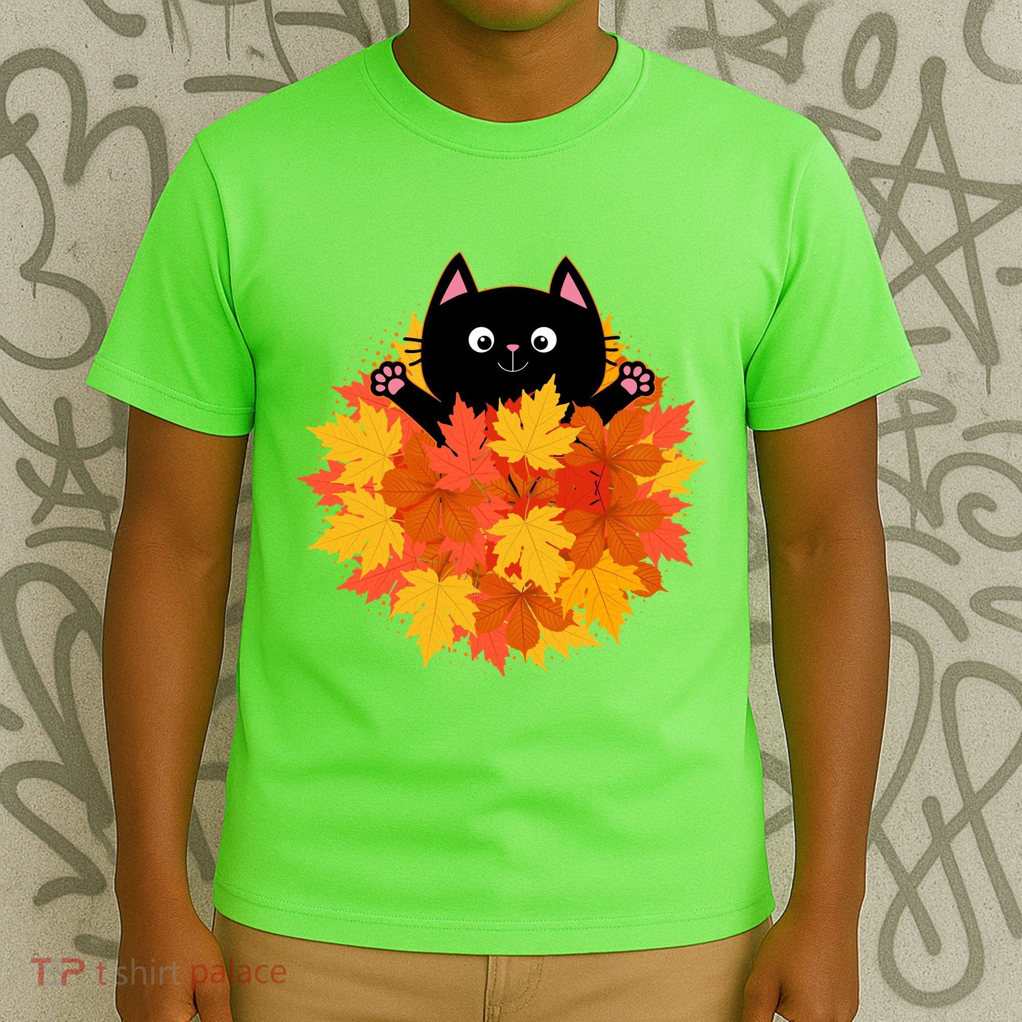 Cute Happy Black Cat Fall Autumn Leaves T-Shirt