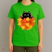Cute Happy Black Cat Fall Autumn Leaves T-Shirt thumb 4