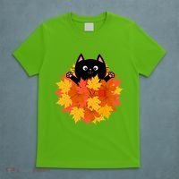 Cute Happy Black Cat Fall Autumn Leaves T-Shirt thumb 5