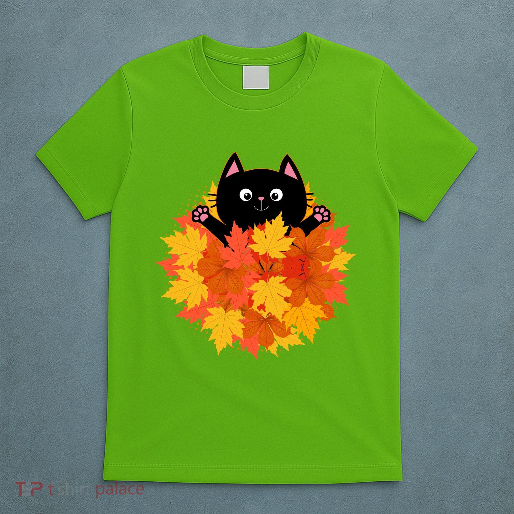 Cute Happy Black Cat Fall Autumn Leaves T-Shirt