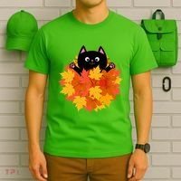 Cute Happy Black Cat Fall Autumn Leaves T-Shirt thumb 6