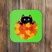 Cute Happy Black Cat Fall Autumn Leaves Coaster thumb 0