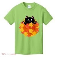 Cute Happy Black Cat Fall Autumn Leaves Kids T-Shirt thumb 0