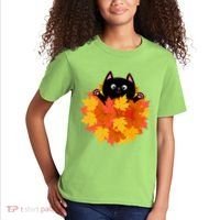 Cute Happy Black Cat Fall Autumn Leaves Kids T-Shirt thumb 2