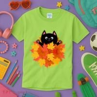 Cute Happy Black Cat Fall Autumn Leaves Kids T-Shirt thumb 3
