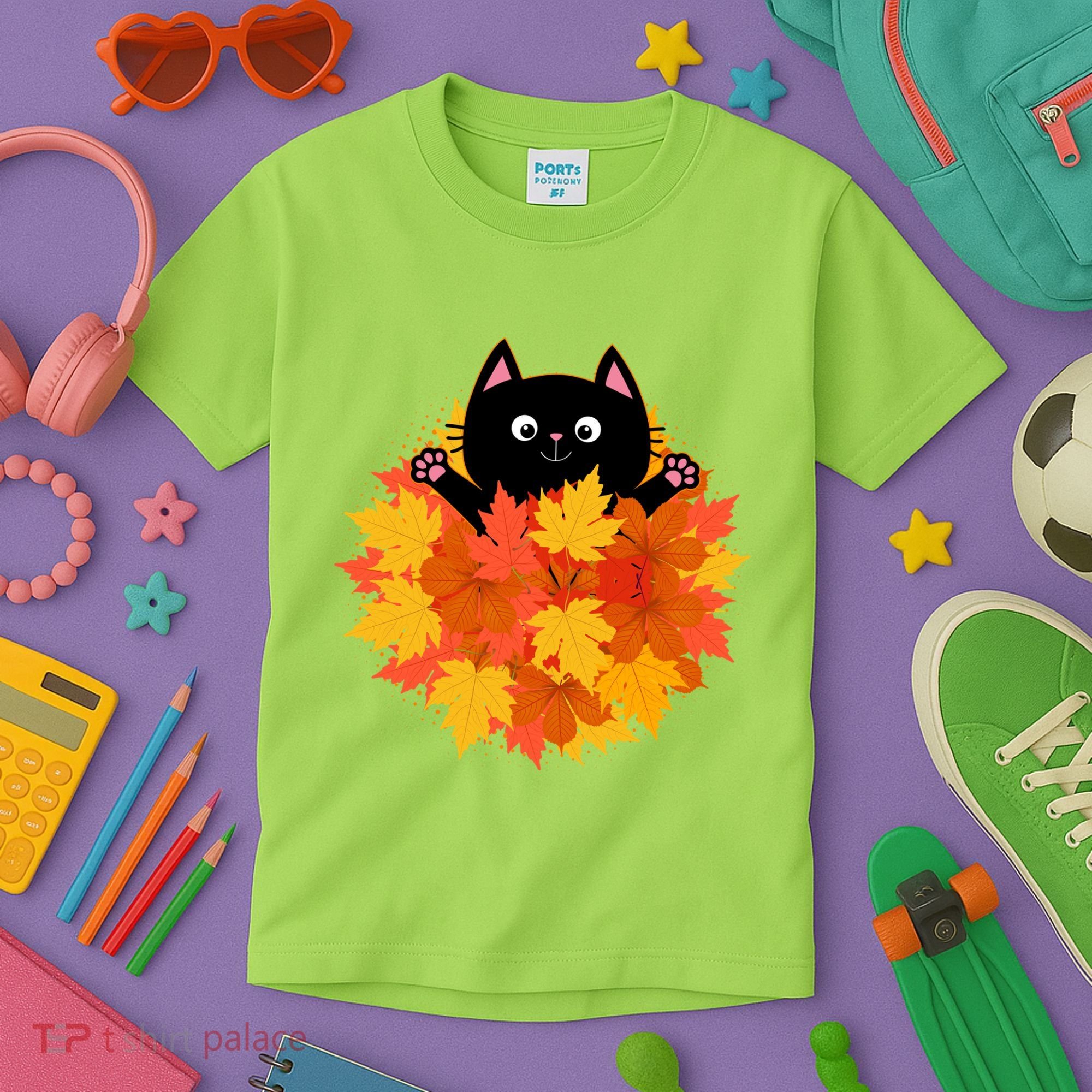 Cute Happy Black Cat Fall Autumn Leaves Kids T-Shirt