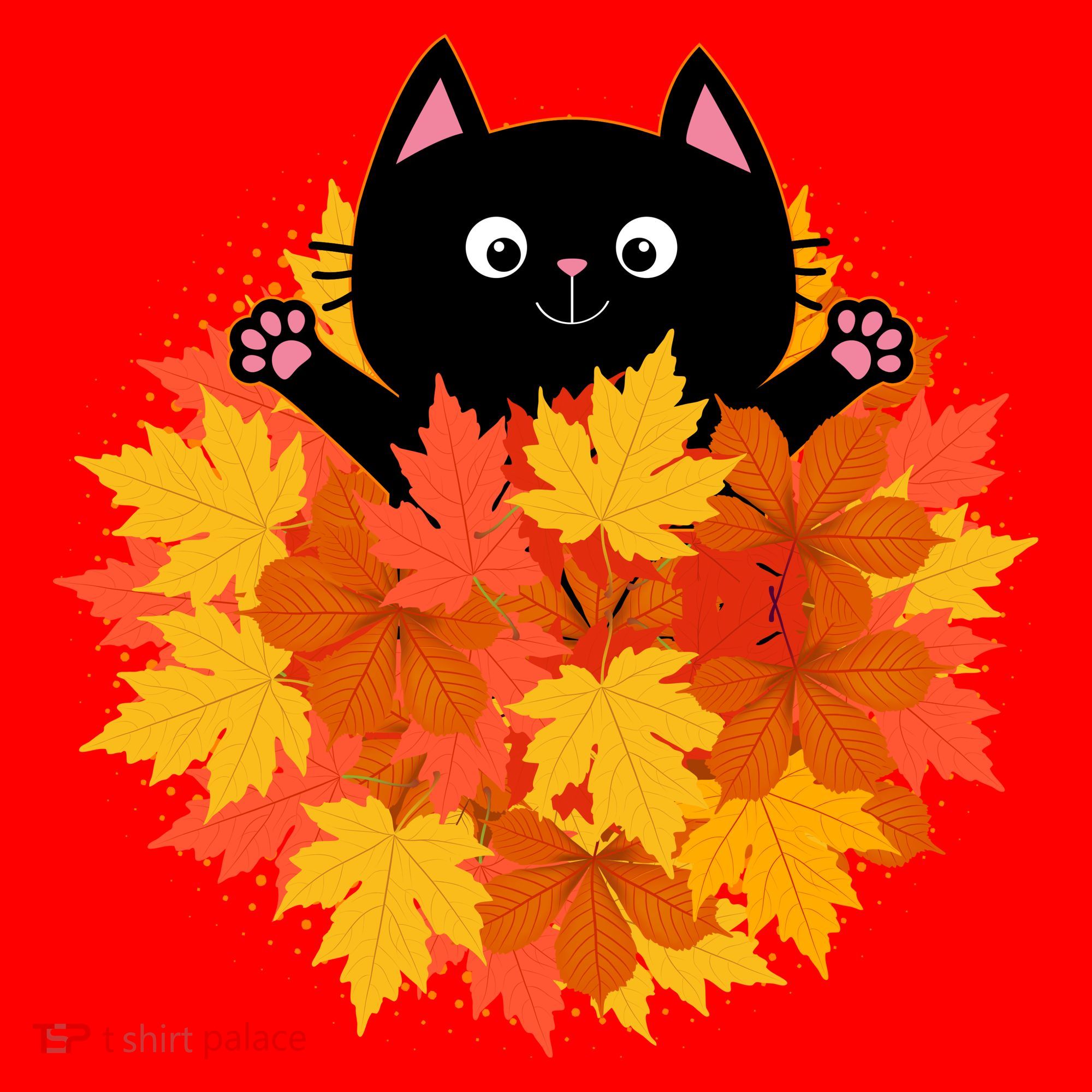 Cute Happy Black Cat Fall Autumn Leaves Santa Hat