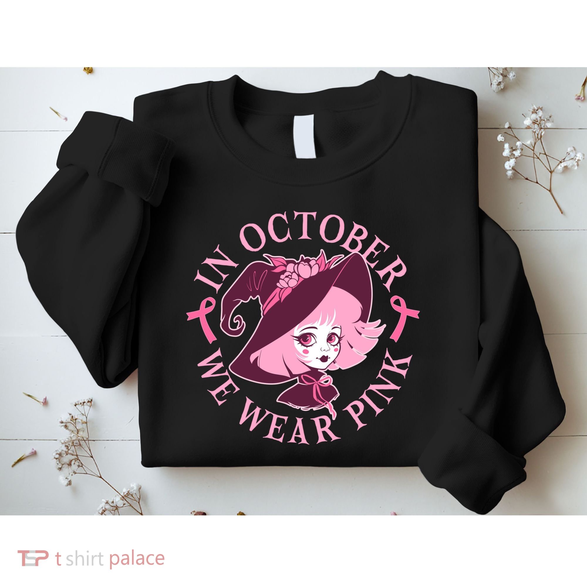 Cute Halloween Breast Cancer Awareness In October We Wear Pink Witch Sweatshirt