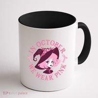 Cute Halloween Breast Cancer Awareness In October We Wear Pink Witch Coffee Mug thumb 1