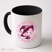 Cute Halloween Breast Cancer Awareness In October We Wear Pink Witch Coffee Mug thumb 0
