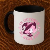 Cute Halloween Breast Cancer Awareness In October We Wear Pink Witch Coffee Mug thumb 2