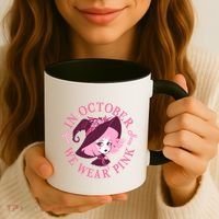 Cute Halloween Breast Cancer Awareness In October We Wear Pink Witch Coffee Mug thumb 3