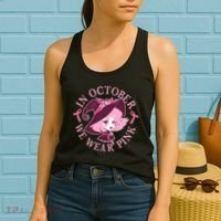 Cute Halloween Breast Cancer Awareness In October We Wear Pink Witch Women's Tank Top thumb 2