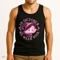 Cute Halloween Breast Cancer Awareness In October We Wear Pink Witch Tank Top thumb 3