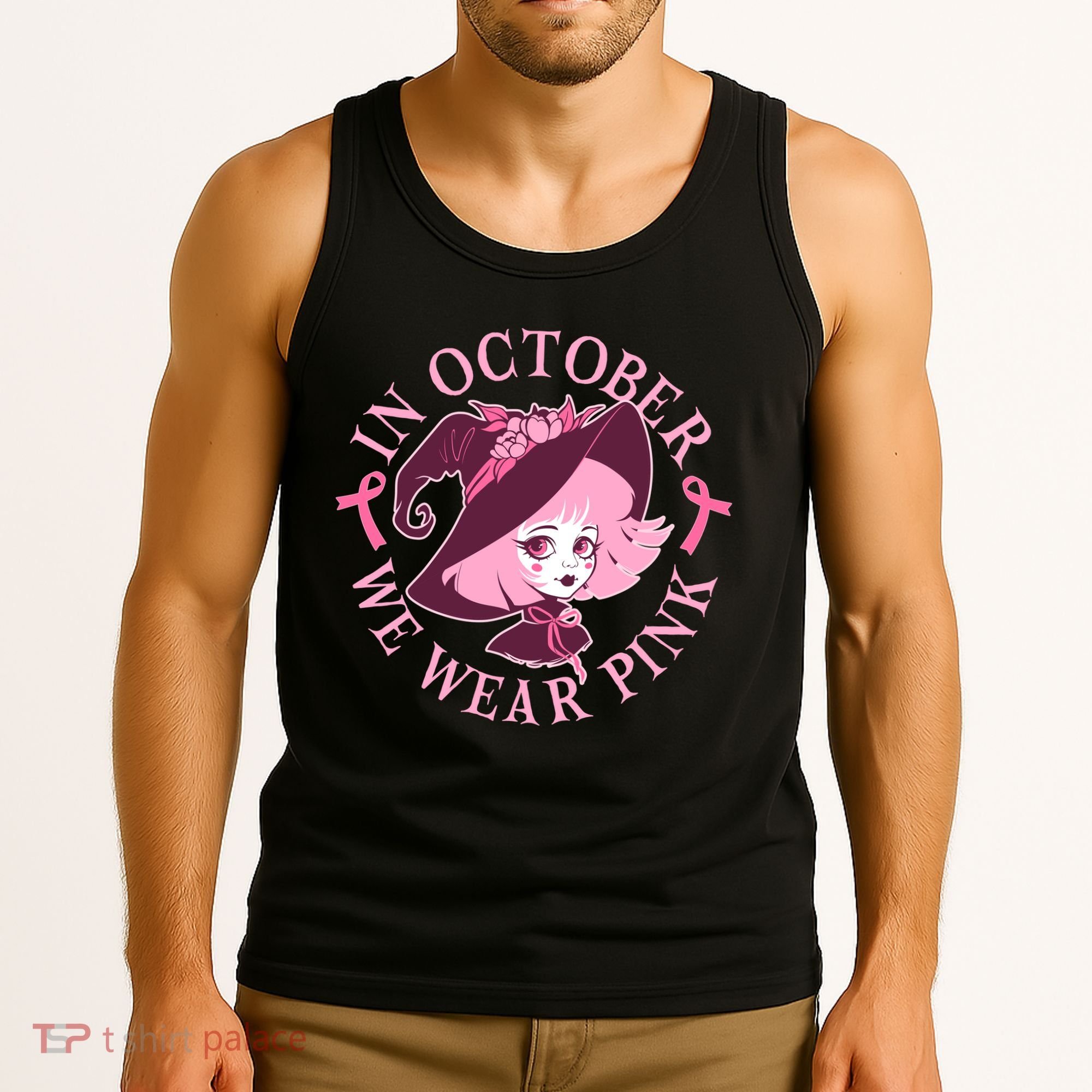 Cute Halloween Breast Cancer Awareness In October We Wear Pink Witch Tank Top
