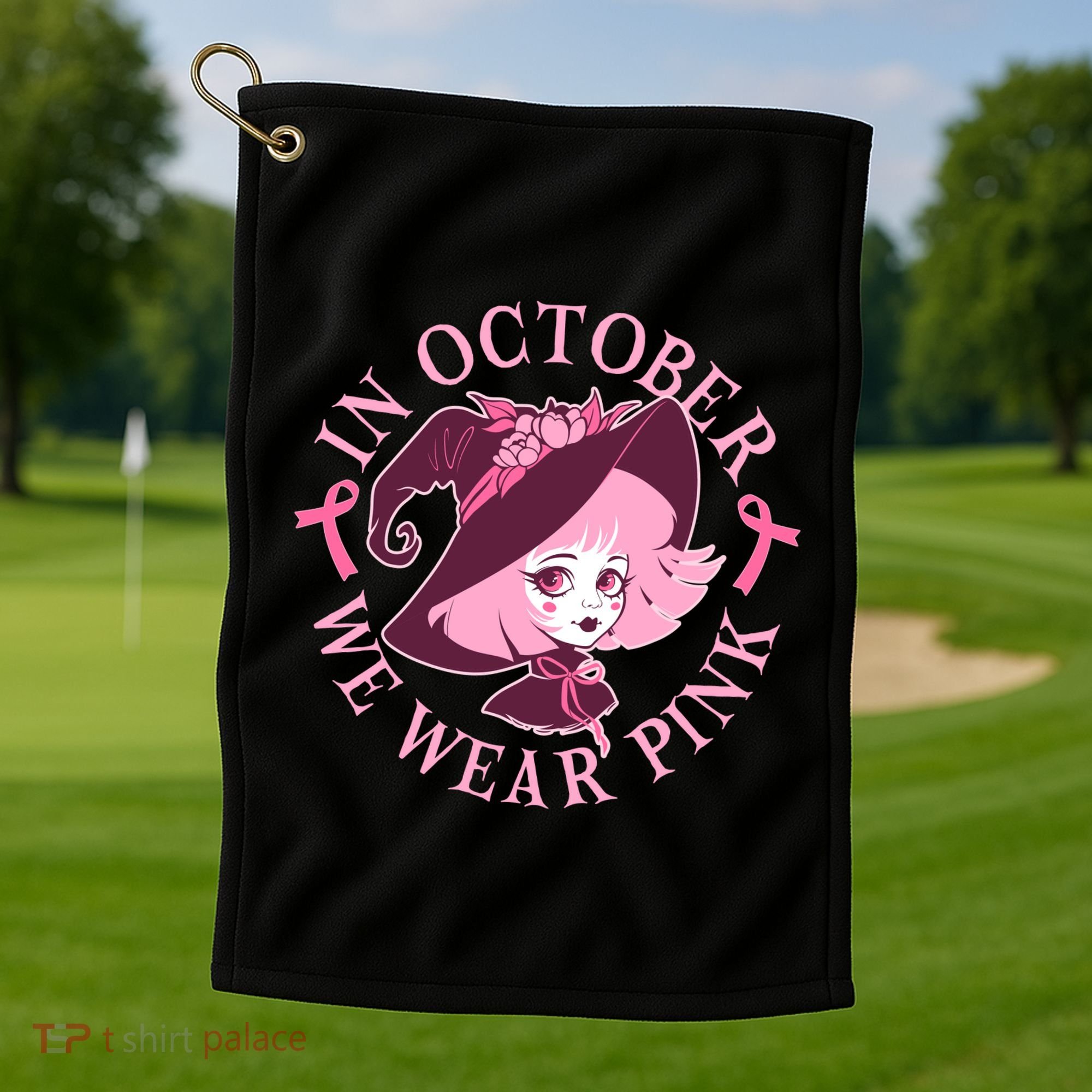 Cute Halloween Breast Cancer Awareness In October We Wear Pink Witch Golf Towel