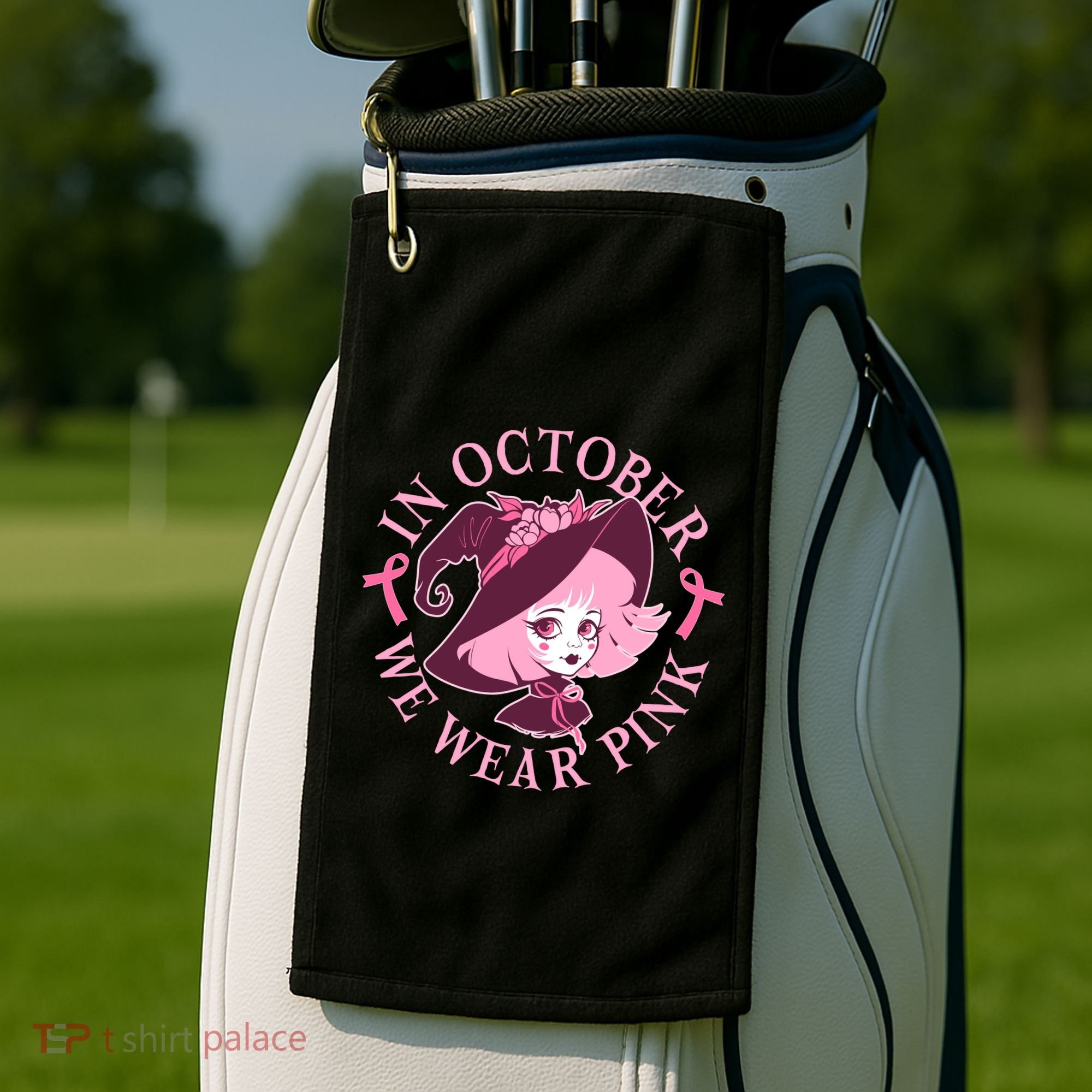 Cute Halloween Breast Cancer Awareness In October We Wear Pink Witch Golf Towel