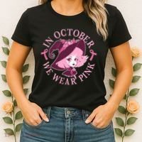 Cute Halloween Breast Cancer Awareness In October We Wear Pink Witch Women's T-Shirt thumb 2