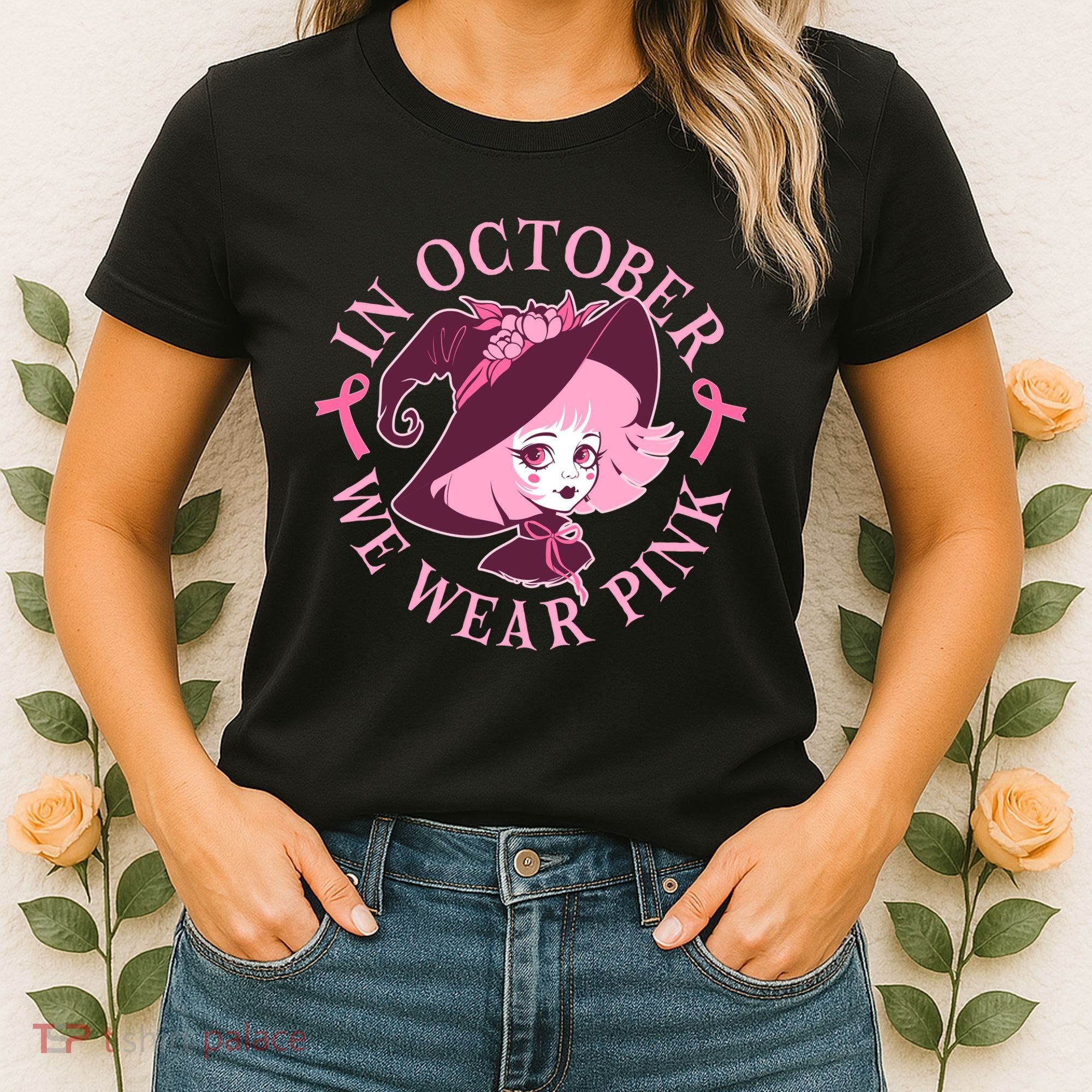 Cute Halloween Breast Cancer Awareness In October We Wear Pink Witch Women's T-Shirt