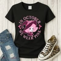 Cute Halloween Breast Cancer Awareness In October We Wear Pink Witch Women's T-Shirt thumb 3