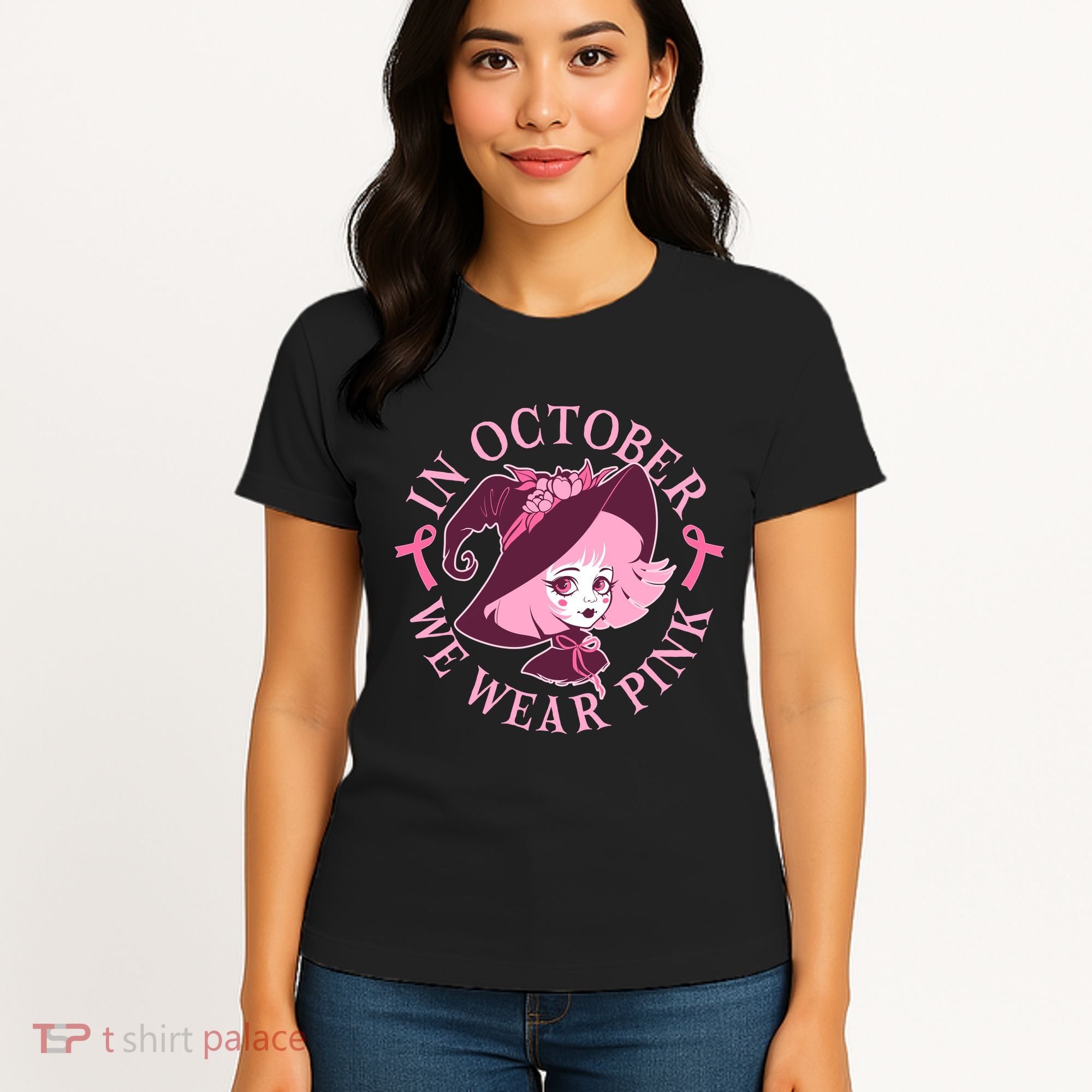 Cute Halloween Breast Cancer Awareness In October We Wear Pink Witch Women's T-Shirt
