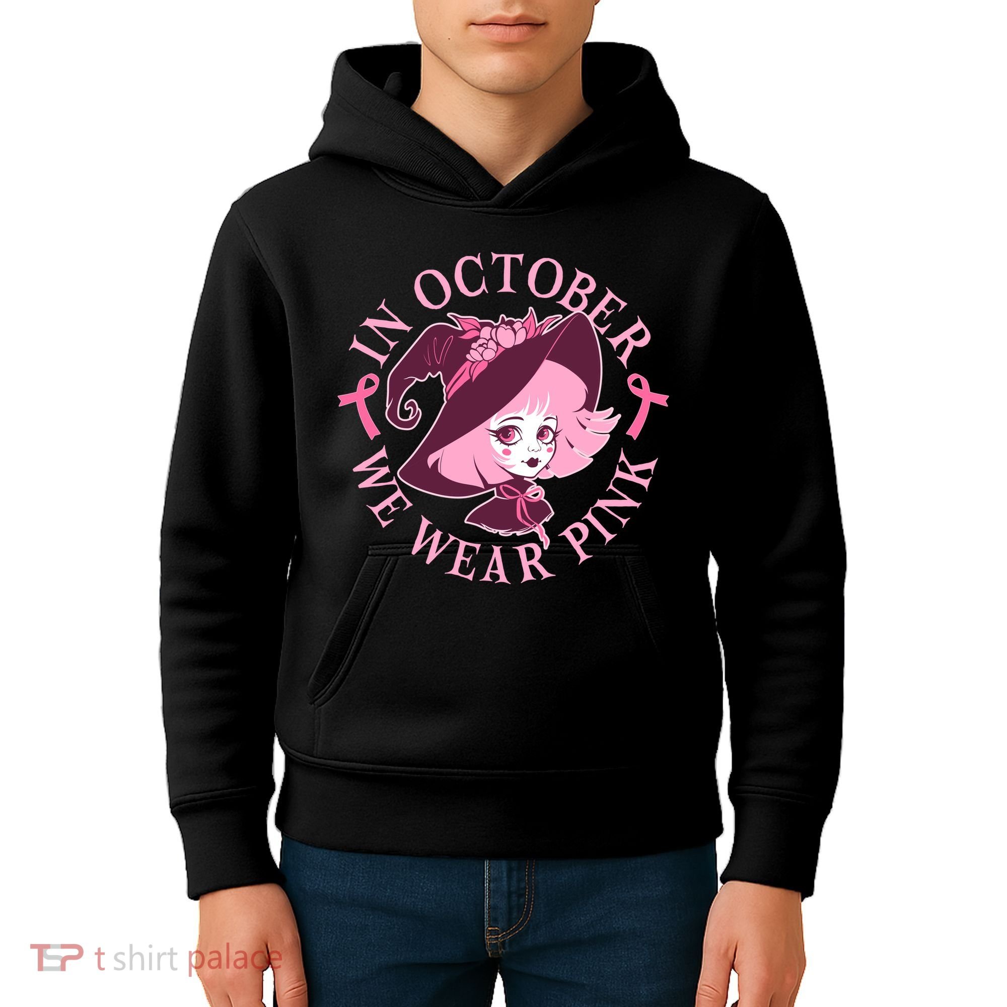 Cute Halloween Breast Cancer Awareness In October We Wear Pink Witch Kids Hoodie
