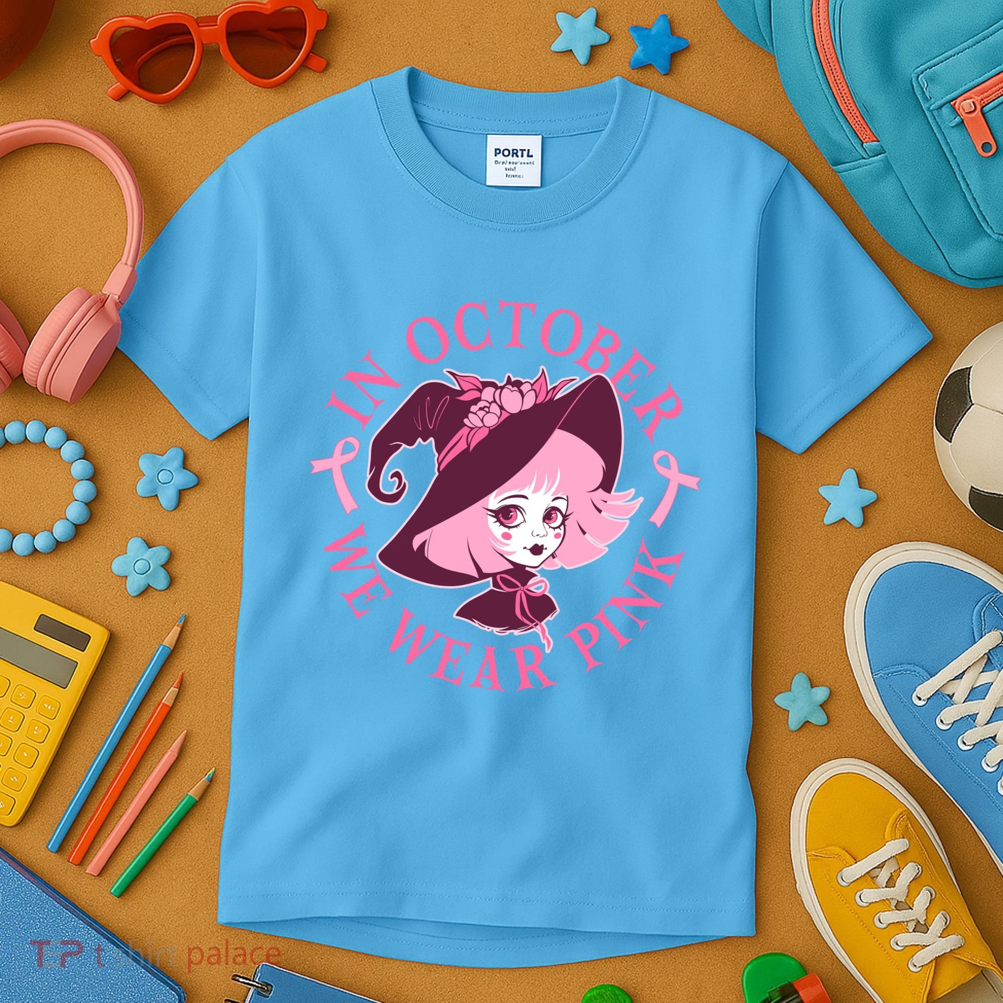 Cute Halloween Breast Cancer Awareness In October We Wear Pink Witch Kids T-Shirt