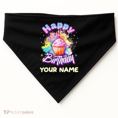Cute Happy Birthday Graffiti Cupcake Personalized Custom Name USA-Made Doggie Bandana