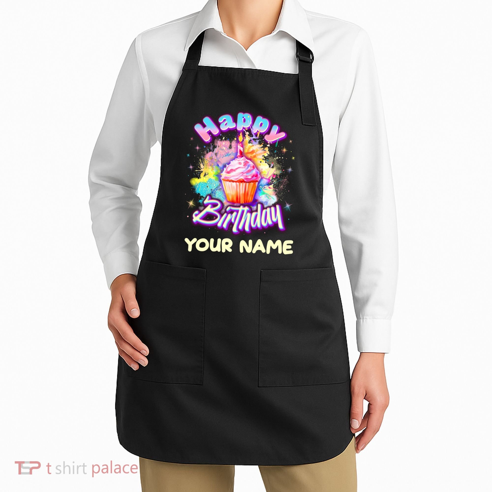 Cute Happy Birthday Graffiti Cupcake Personalized Custom Name Apron