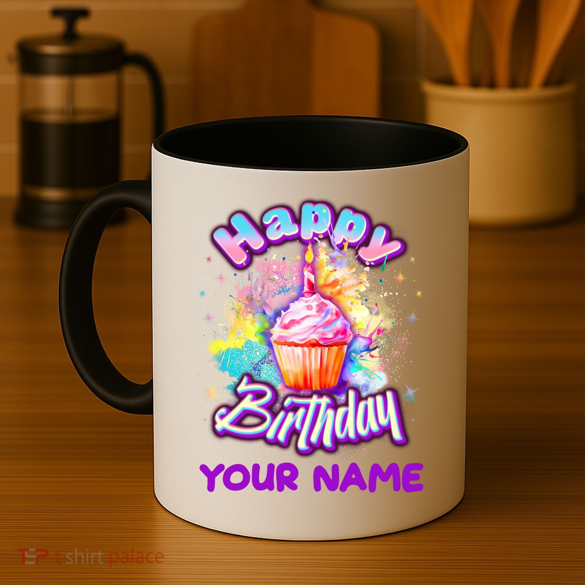 Cute Happy Birthday Graffiti Cupcake Personalized Custom Name Coffee Mug