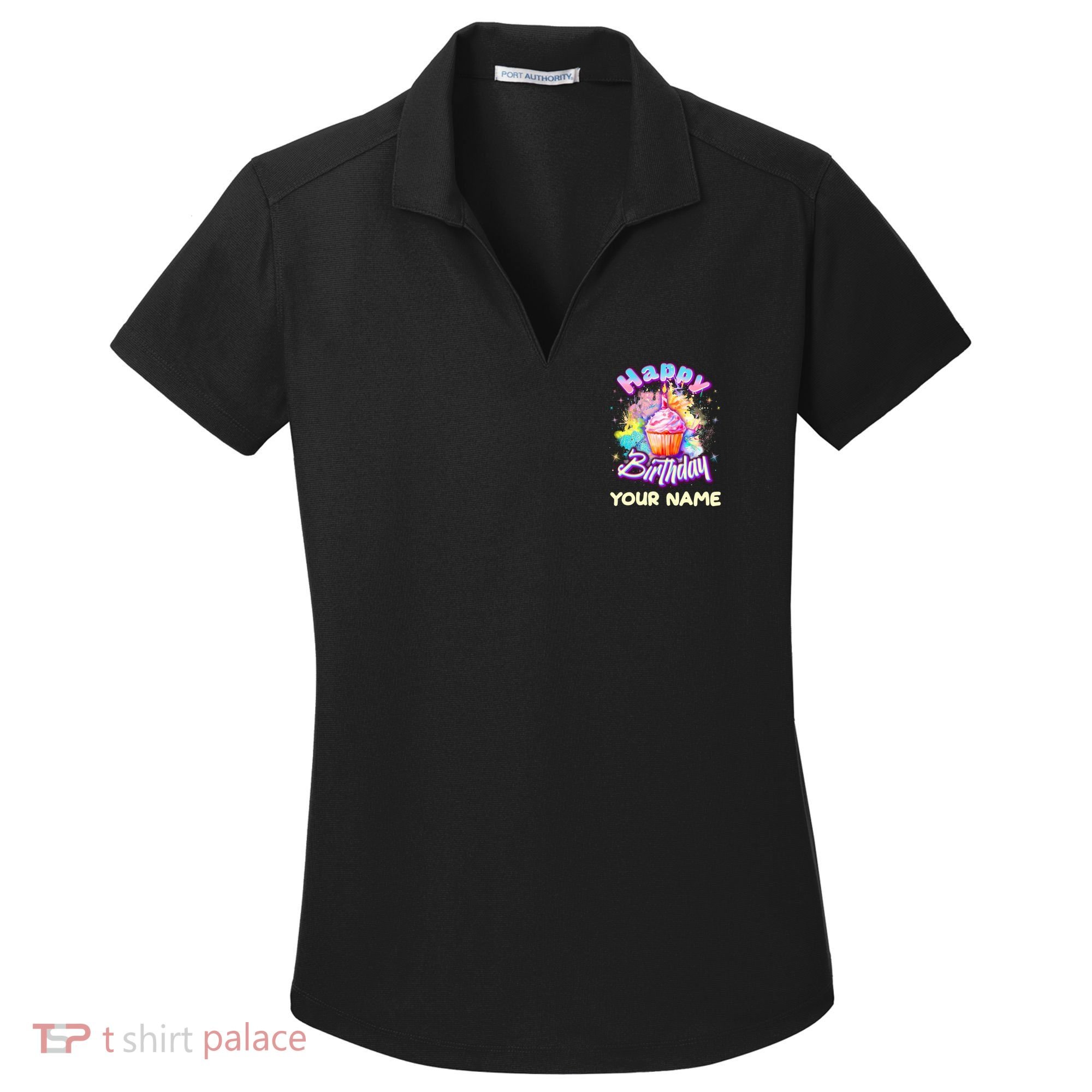 Cute Happy Birthday Graffiti Cupcake Personalized Custom Name Women's Dry Zone Grid Polo