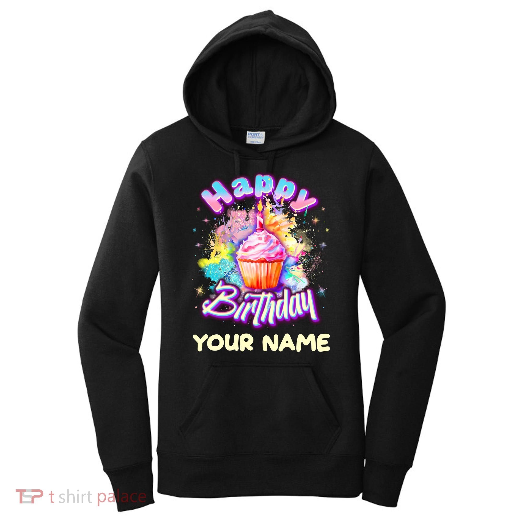 Cute Happy Birthday Graffiti Cupcake Personalized Custom Name Women's Hoodie