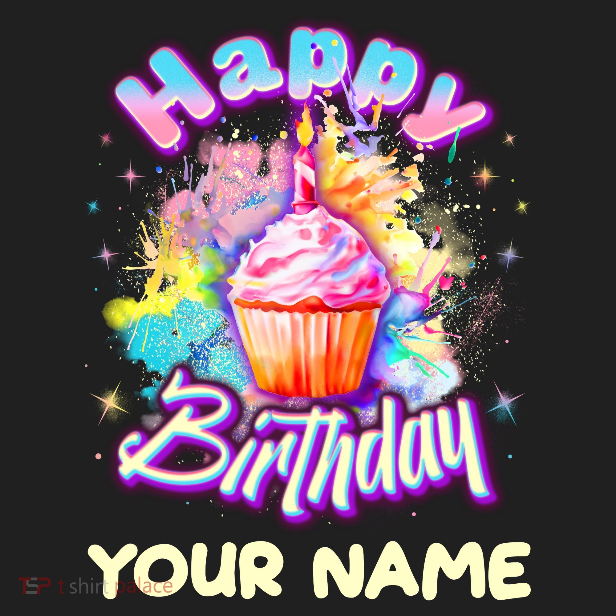 Cute Happy Birthday Graffiti Cupcake Personalized Custom Name Women's Cooling Performance Crew T-Shirt