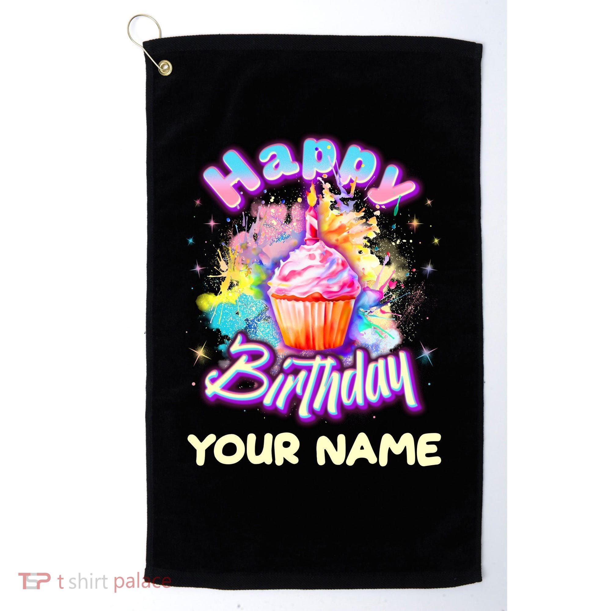 Cute Happy Birthday Graffiti Cupcake Personalized Custom Name Golf Towel
