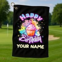 Cute Happy Birthday Graffiti Cupcake Personalized Custom Name Golf Towel thumb 1