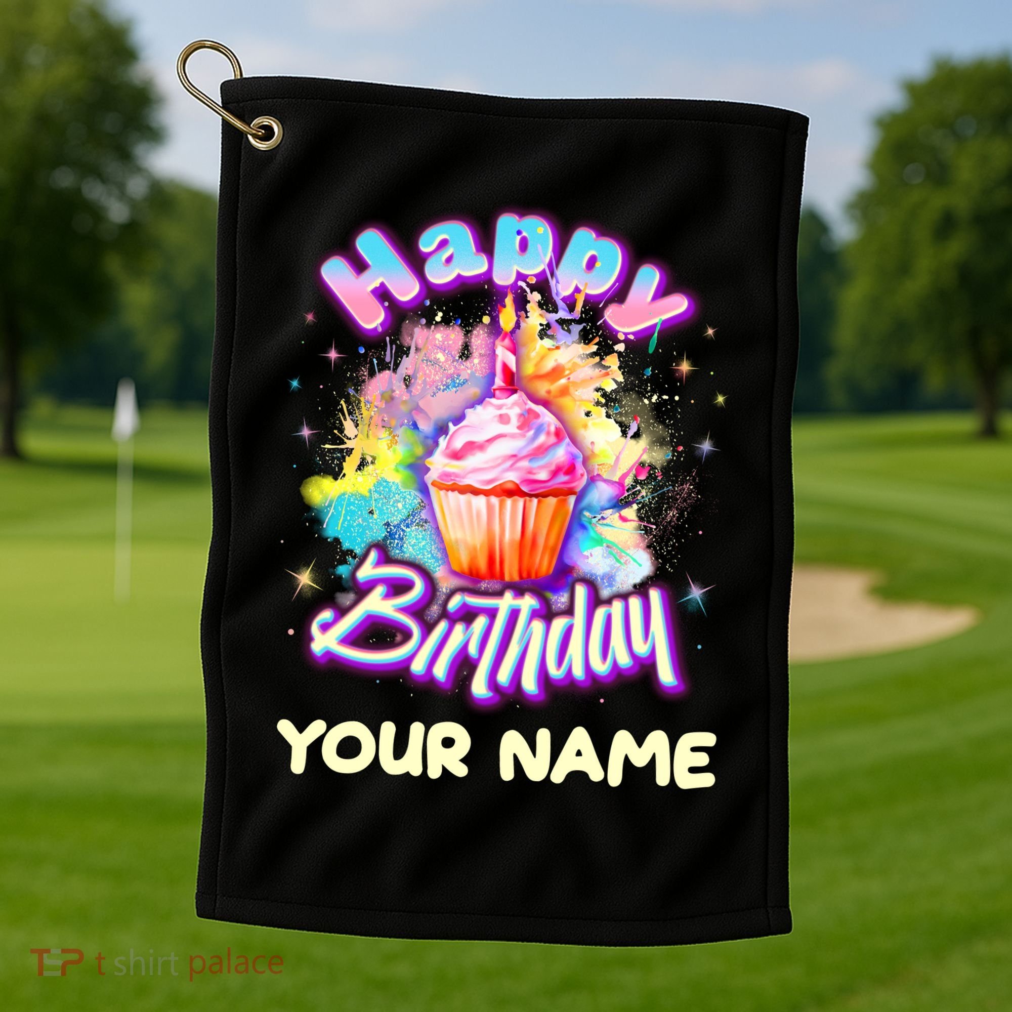 Cute Happy Birthday Graffiti Cupcake Personalized Custom Name Golf Towel