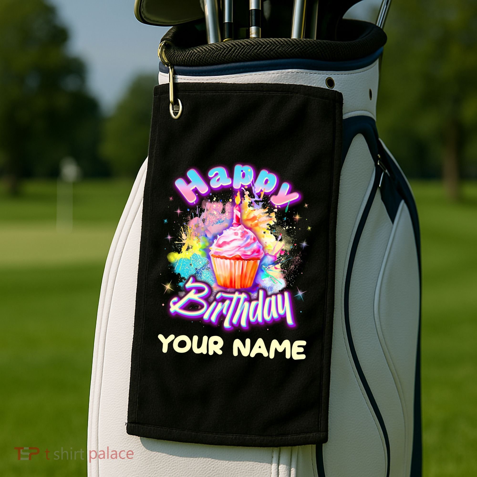 Cute Happy Birthday Graffiti Cupcake Personalized Custom Name Golf Towel