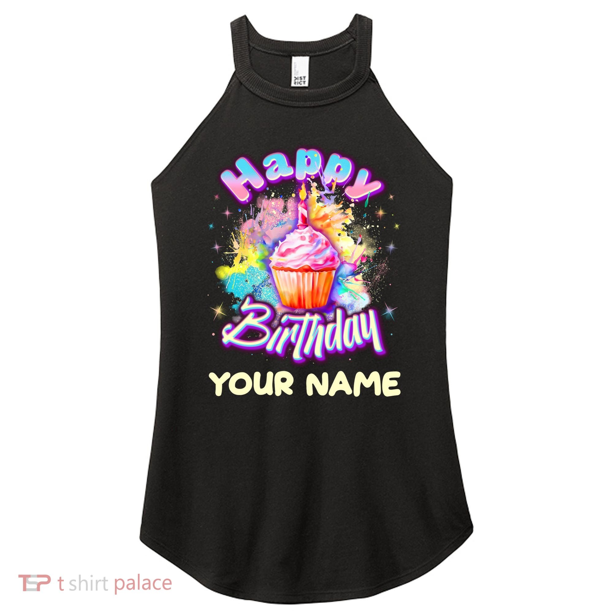 Cute Happy Birthday Graffiti Cupcake Personalized Custom Name Women's Perfect Tri Rocker Tank