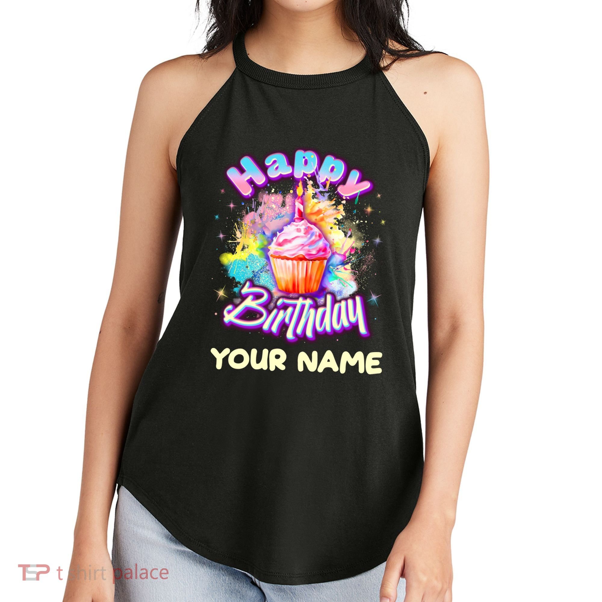 Cute Happy Birthday Graffiti Cupcake Personalized Custom Name Women's Perfect Tri Rocker Tank