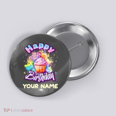 Cute Happy Birthday Graffiti Cupcake Personalized Custom Name Button