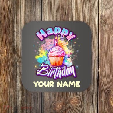 Cute Happy Birthday Graffiti Cupcake Personalized Custom Name Coaster