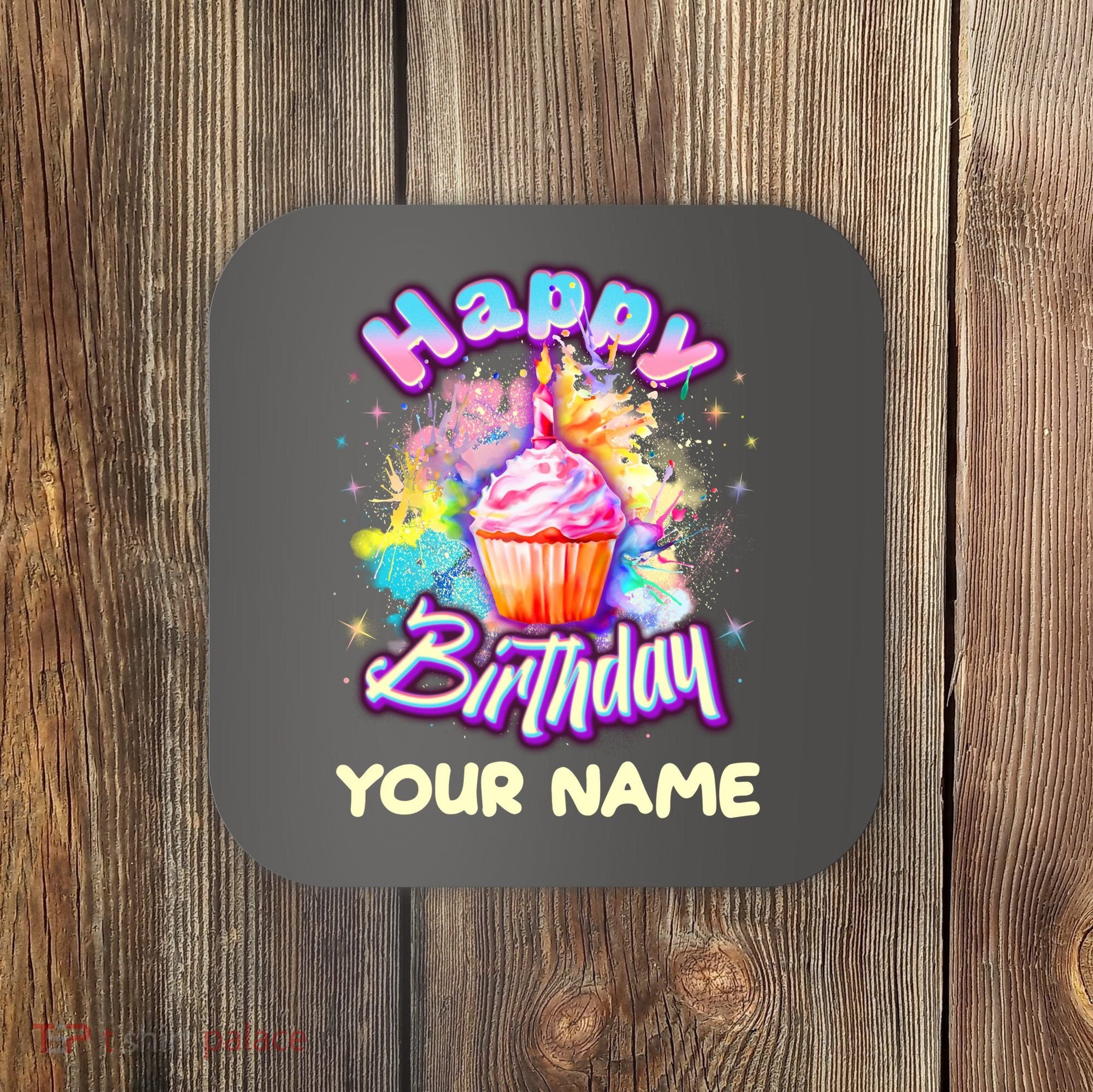 Cute Happy Birthday Graffiti Cupcake Personalized Custom Name Coaster