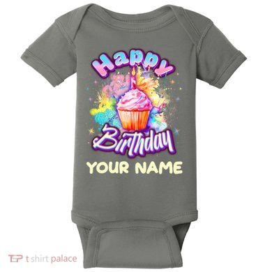 Cute Happy Birthday Graffiti Cupcake Personalized Custom Name Baby Bodysuit