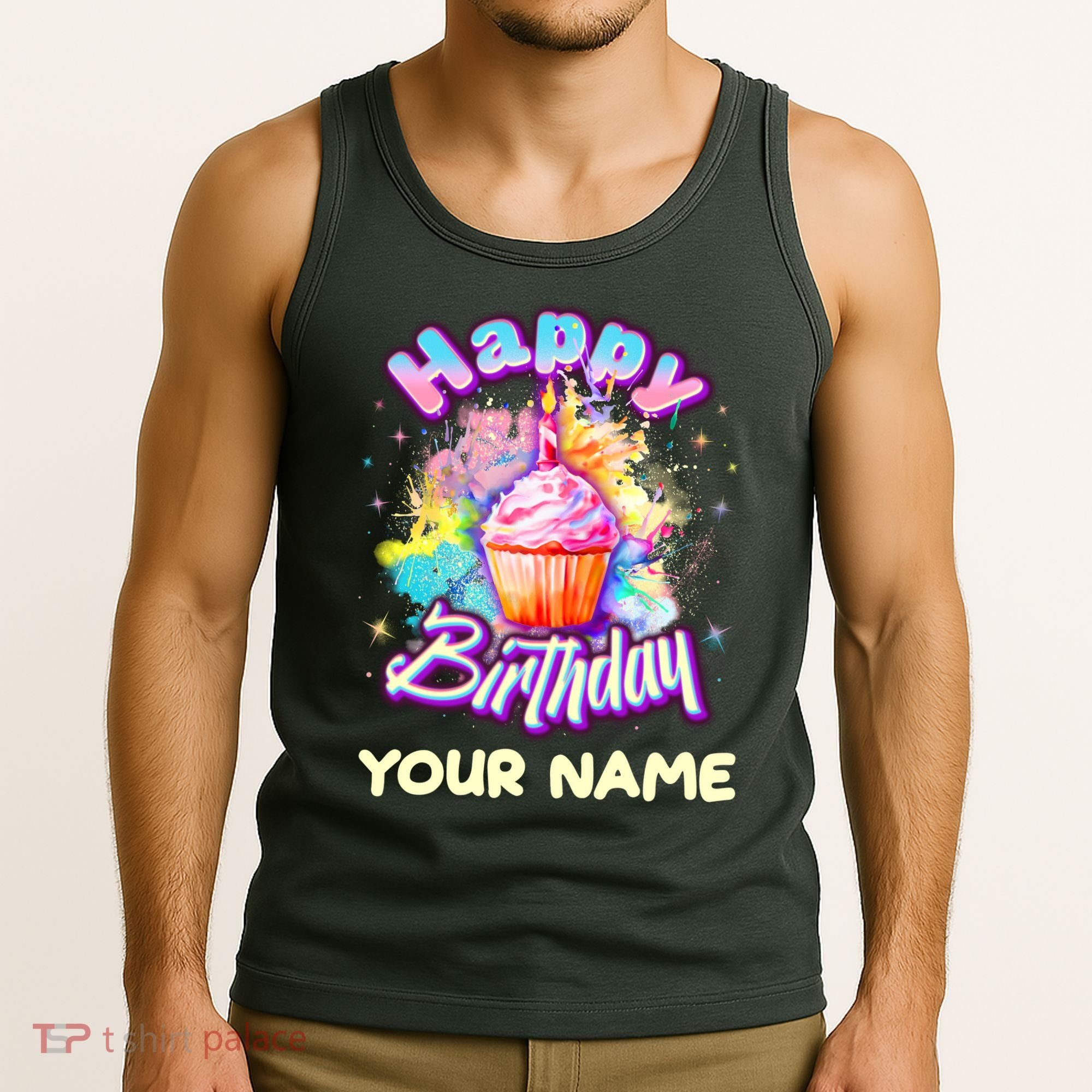 Cute Happy Birthday Graffiti Cupcake Personalized Custom Name Tank Top