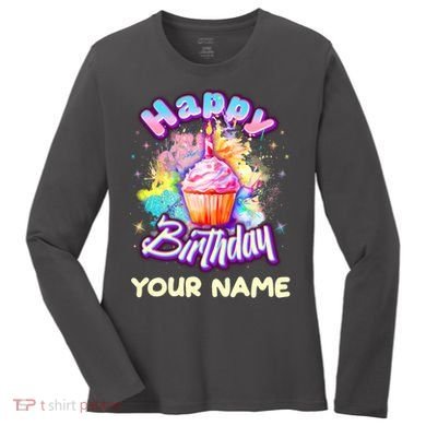 Cute Happy Birthday Graffiti Cupcake Personalized Custom Name Women's Long Sleeve Shirt