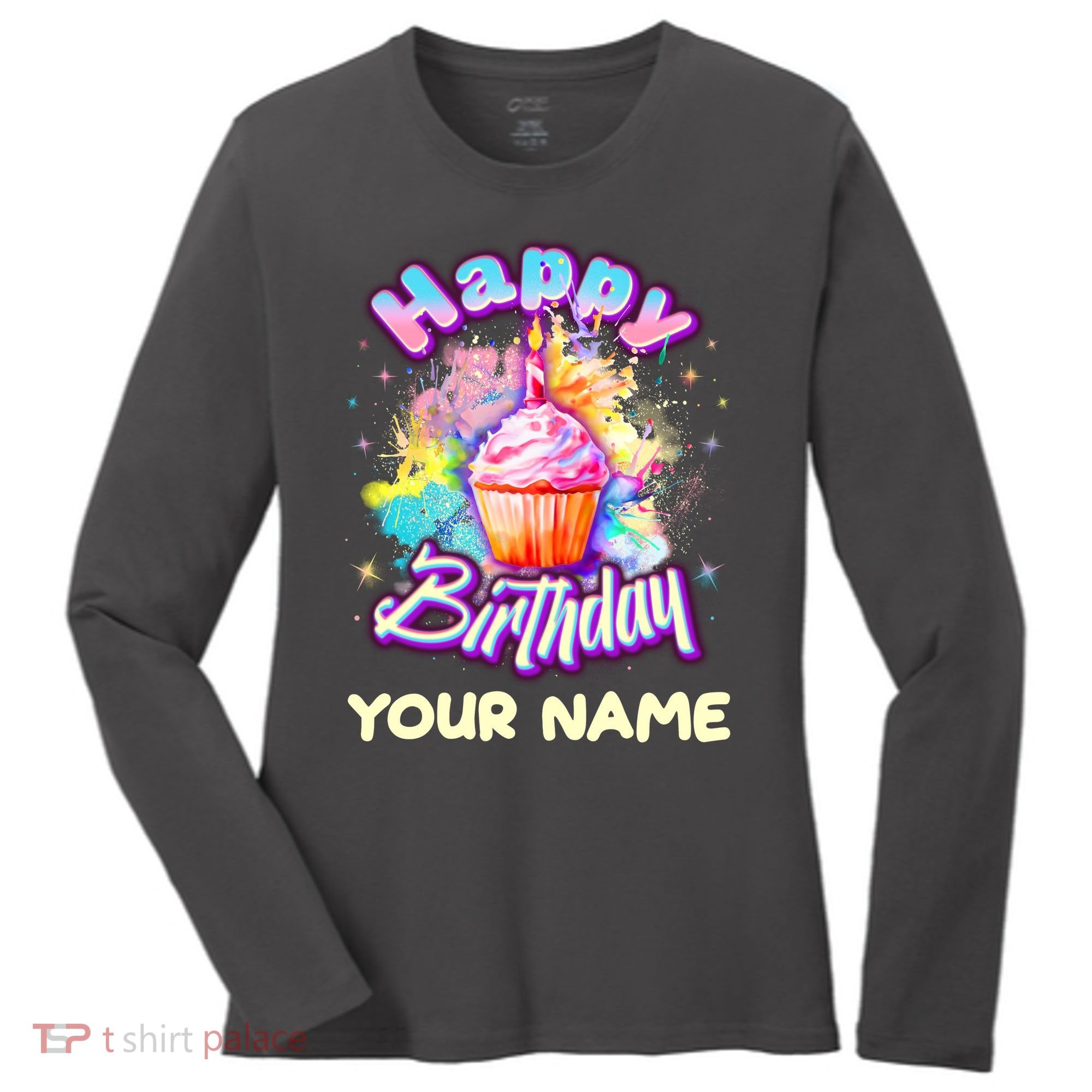 Cute Happy Birthday Graffiti Cupcake Personalized Custom Name Women's Long Sleeve Shirt