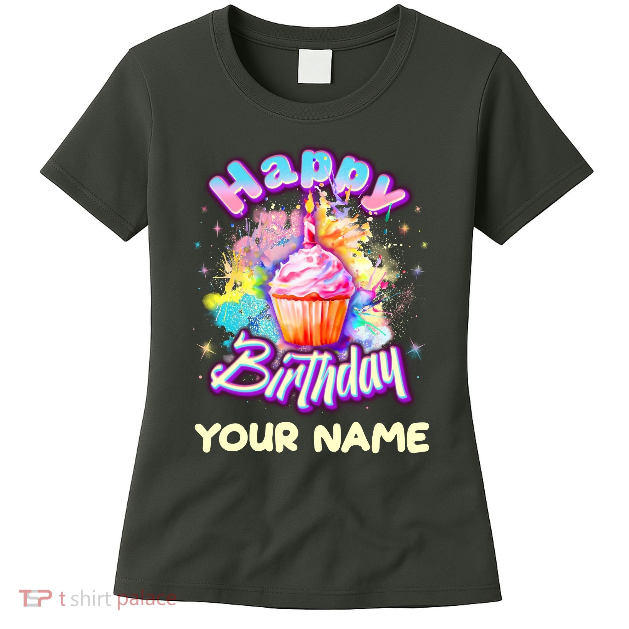 Cute Happy Birthday Graffiti Cupcake Personalized Custom Name Women's T-Shirt